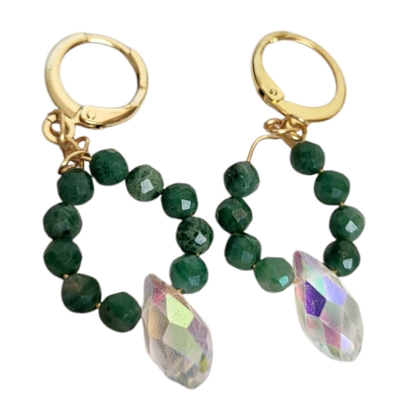 18k Gold Labradorite Teardrop AB Crystal Huggie Hoop Earrings - Picture 2 of 2